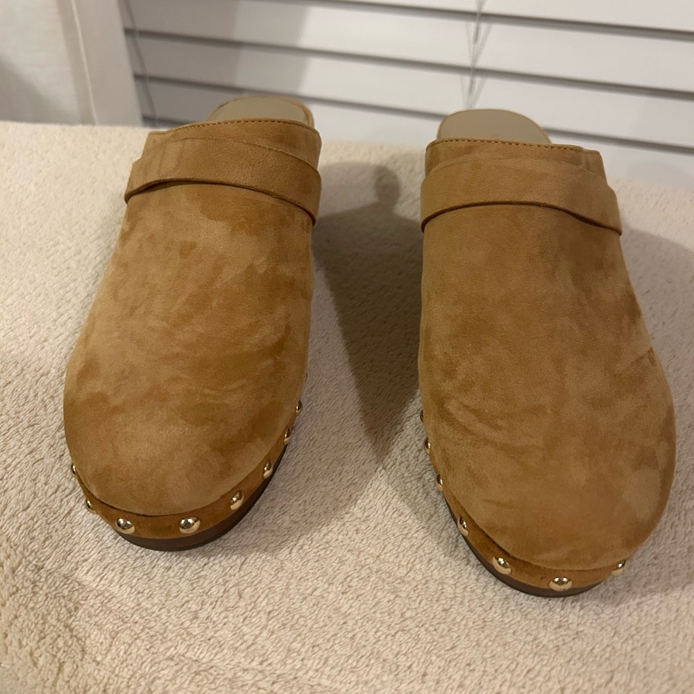 Ann Taylor Crisp Rye Suede Clogs with Gold Studs